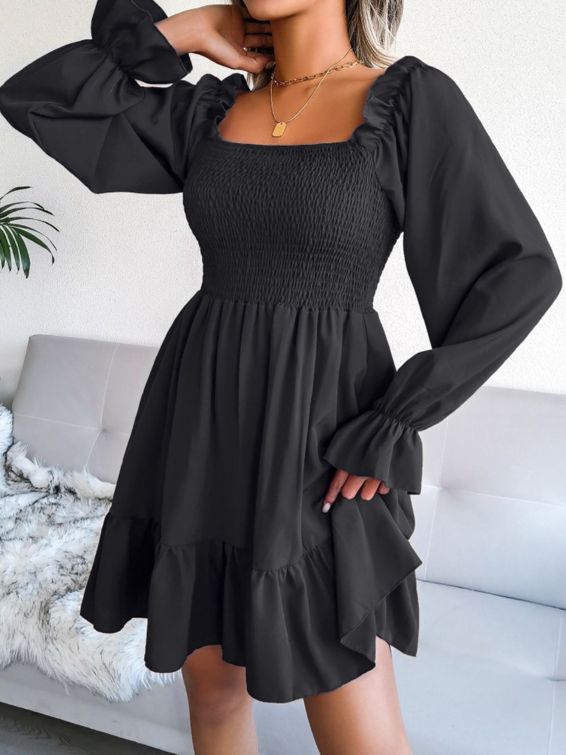 Hilary Smocked Flounce Sleeve Square Neck Dress (Copy)