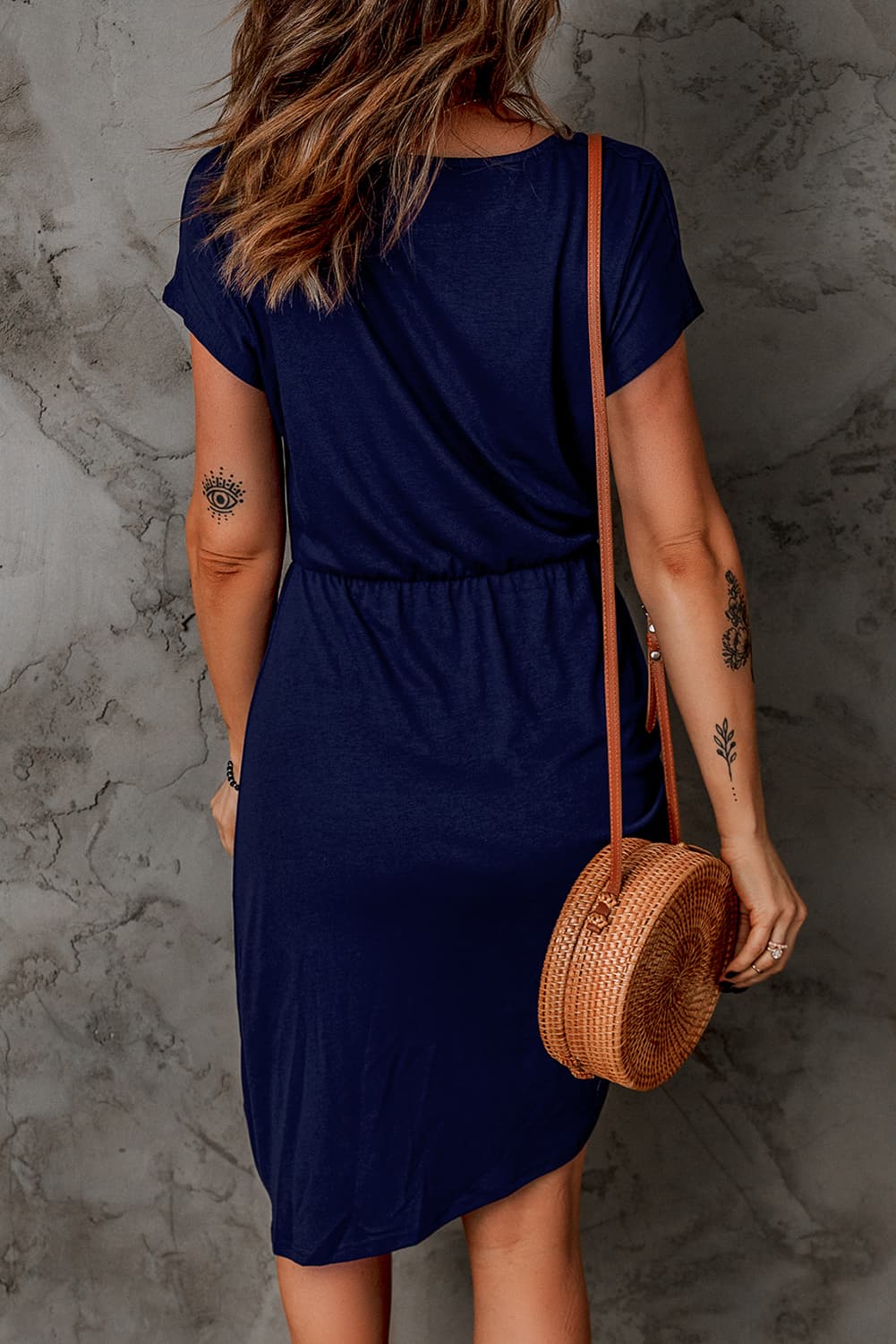 Wasted on You Short Sleeve Ruched Asymmetrical Hem Dress