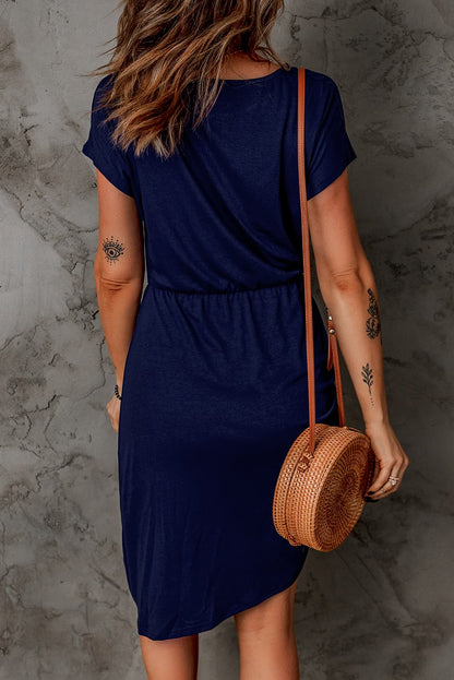 Wasted on You Short Sleeve Ruched Asymmetrical Hem Dress