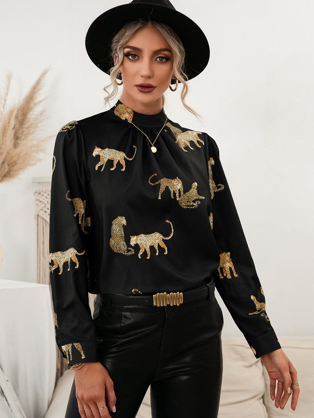 Fifi Leopard Graphic Mock Neck Puff Sleeve Blouse (Copy)