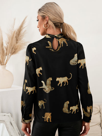 Fifi Leopard Graphic Mock Neck Puff Sleeve Blouse (Copy)