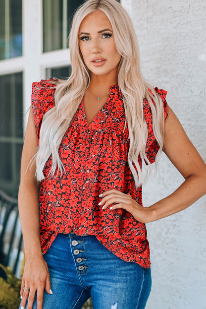 Winnie Floral Flutter Sleeve Notched Neck Blouse (Copy)