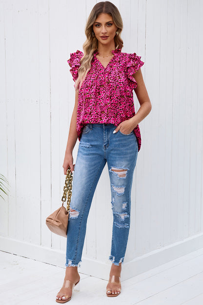 Winnie Floral Flutter Sleeve Notched Neck Blouse (Copy)