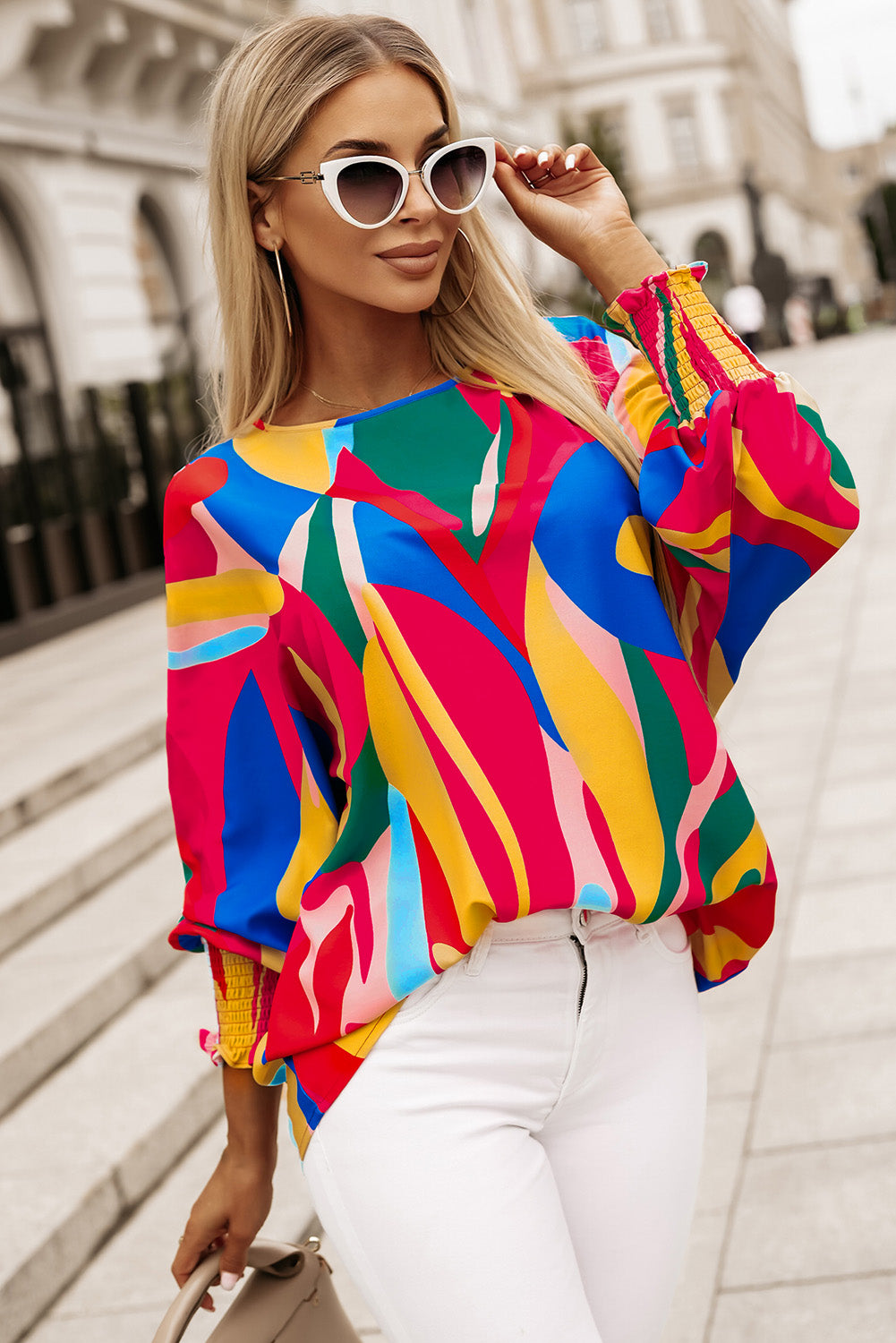 Andy Printed Round Neck Smocked Wrist Lantern Sleeve Blouse