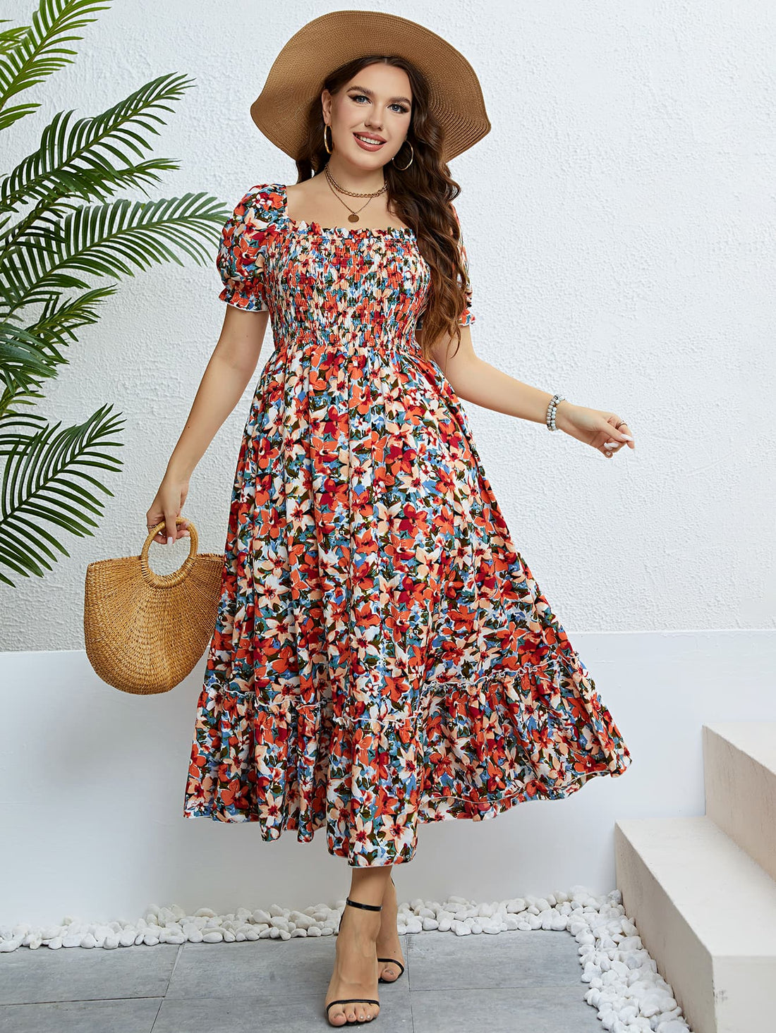 Gemma Plus Size Floral Smocked Square Neck Dress (Copy)
