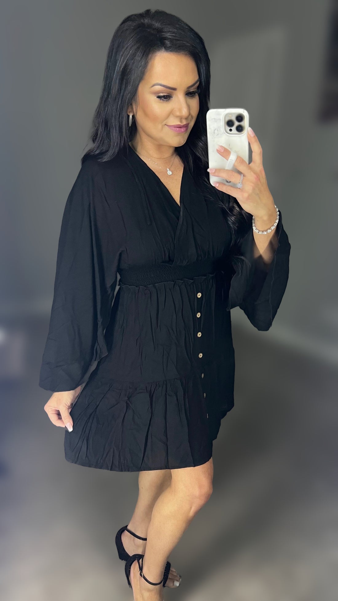 Hadley Decorative Button Smocked Waist Surplice Dress (Copy)