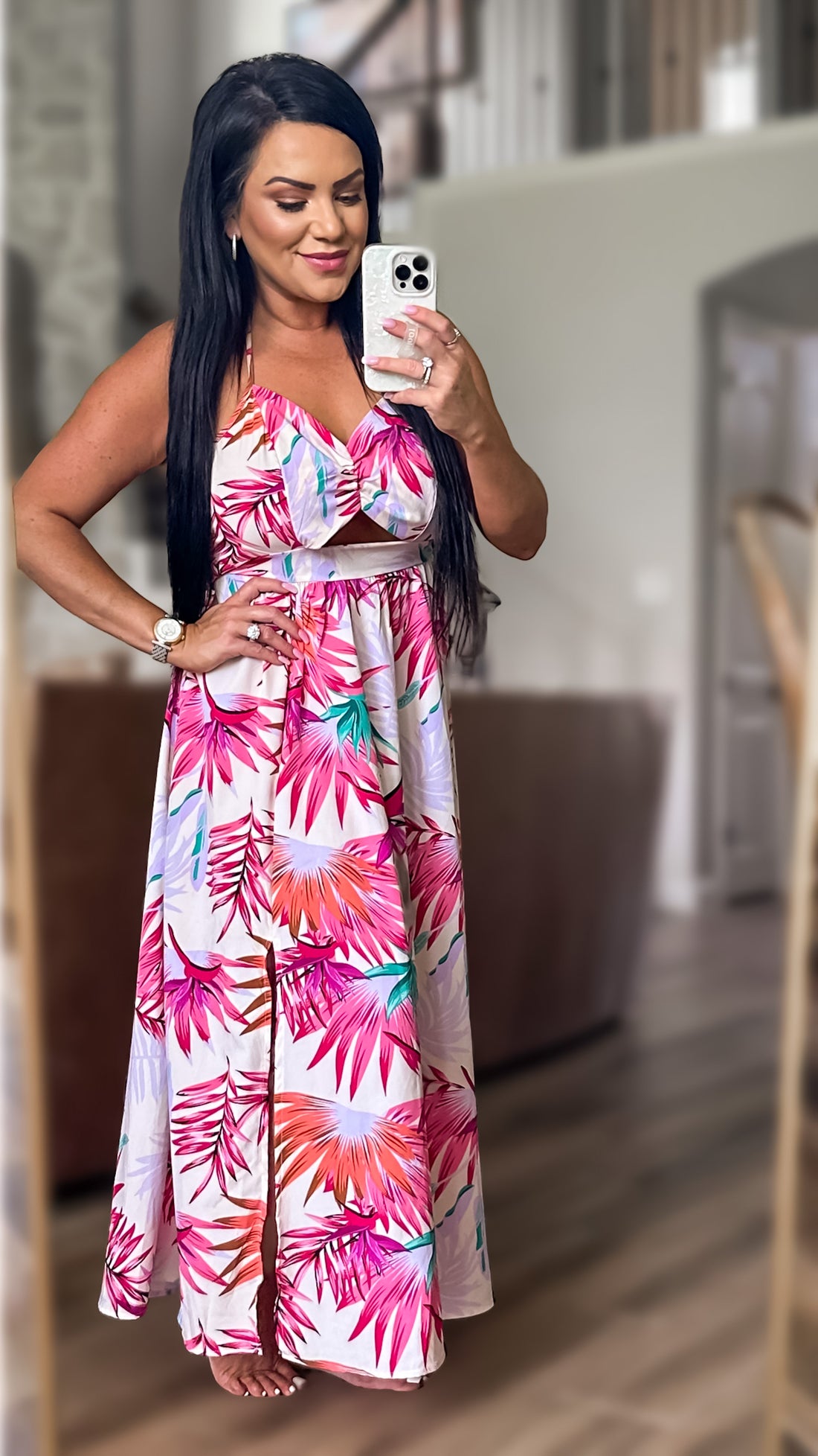 Somebodys Problem Botanical Print Tied Backless Cutout Slit Dress