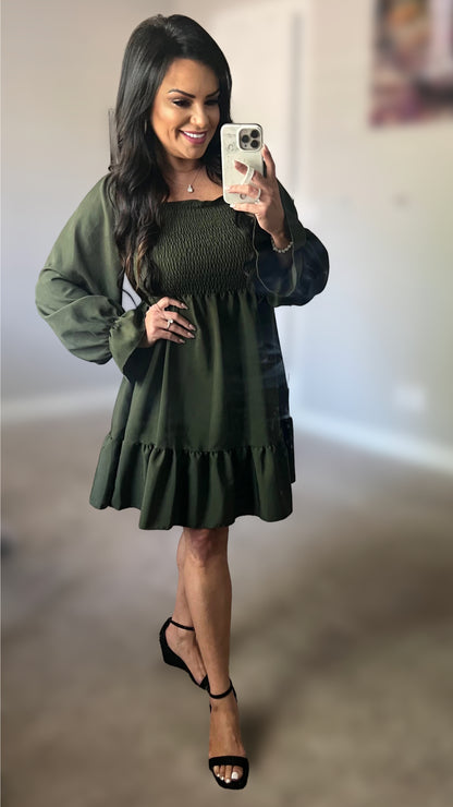 Hilary Smocked Flounce Sleeve Square Neck Dress (Copy)